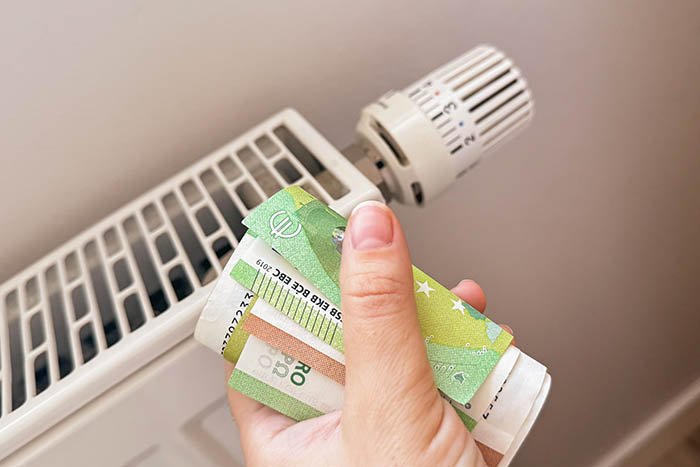 human hand holding euro banknotes near electric heater radiator home man pay money heating