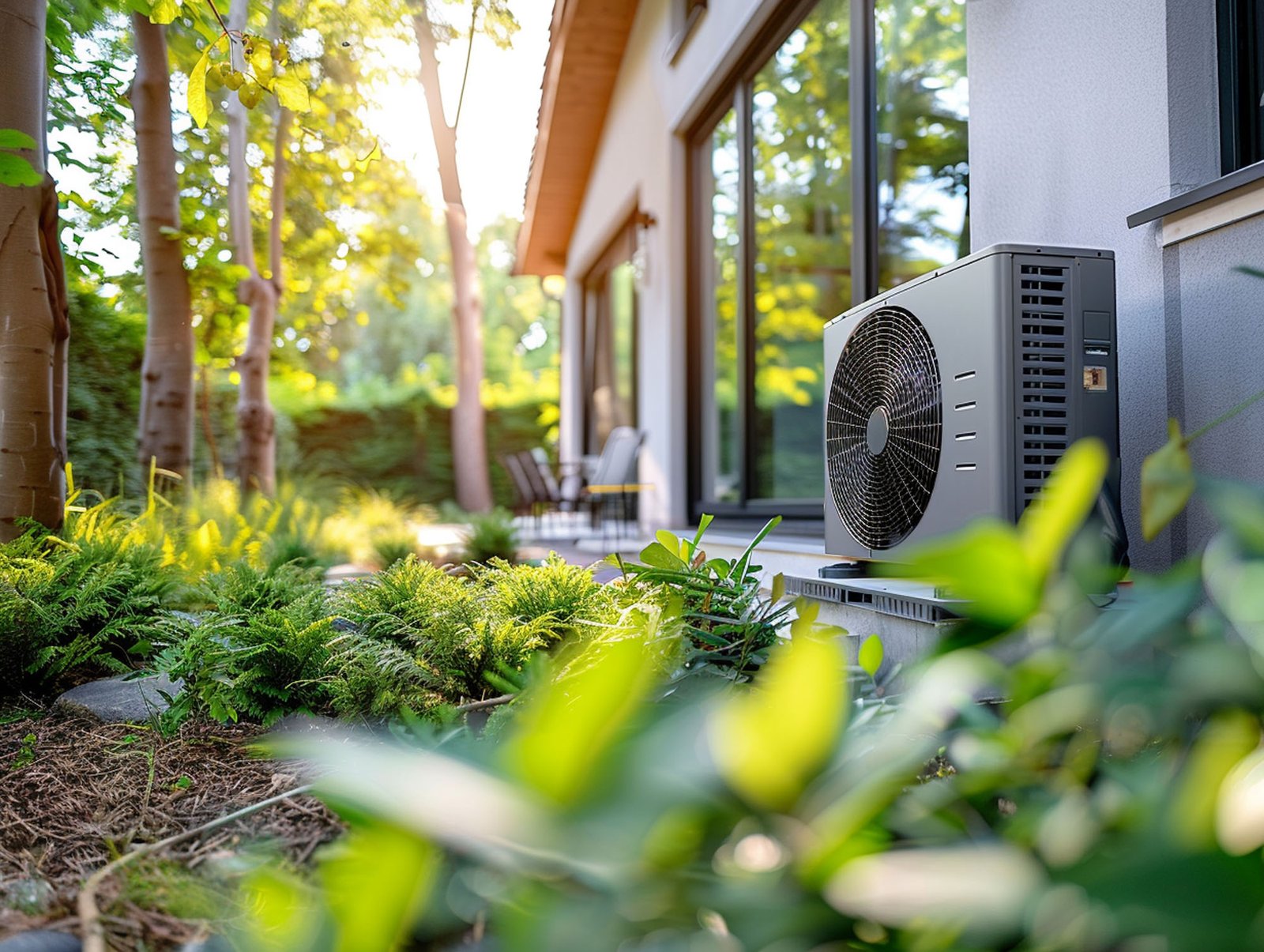 there is air conditioner outside house with lot greenery generative ai
