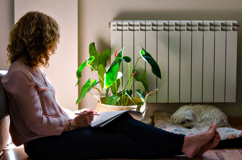woman studying home lying sofa home by window scaled